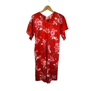Vintage HUKILAU FASHIONS Hawaiian Muu Muu Caftan Maxi Dress Red Tropical Floral